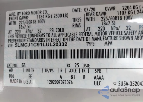 2020 Lincoln Corsair Standard from USA, damaged, VIN 5LMCJ1C91LUL20332